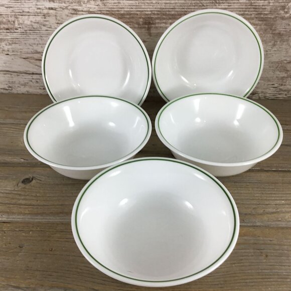 Corelle Set Of 5 White Soup/Cereal Bowls with Dark Green Band 6 1/4" - Picture 2 of 12